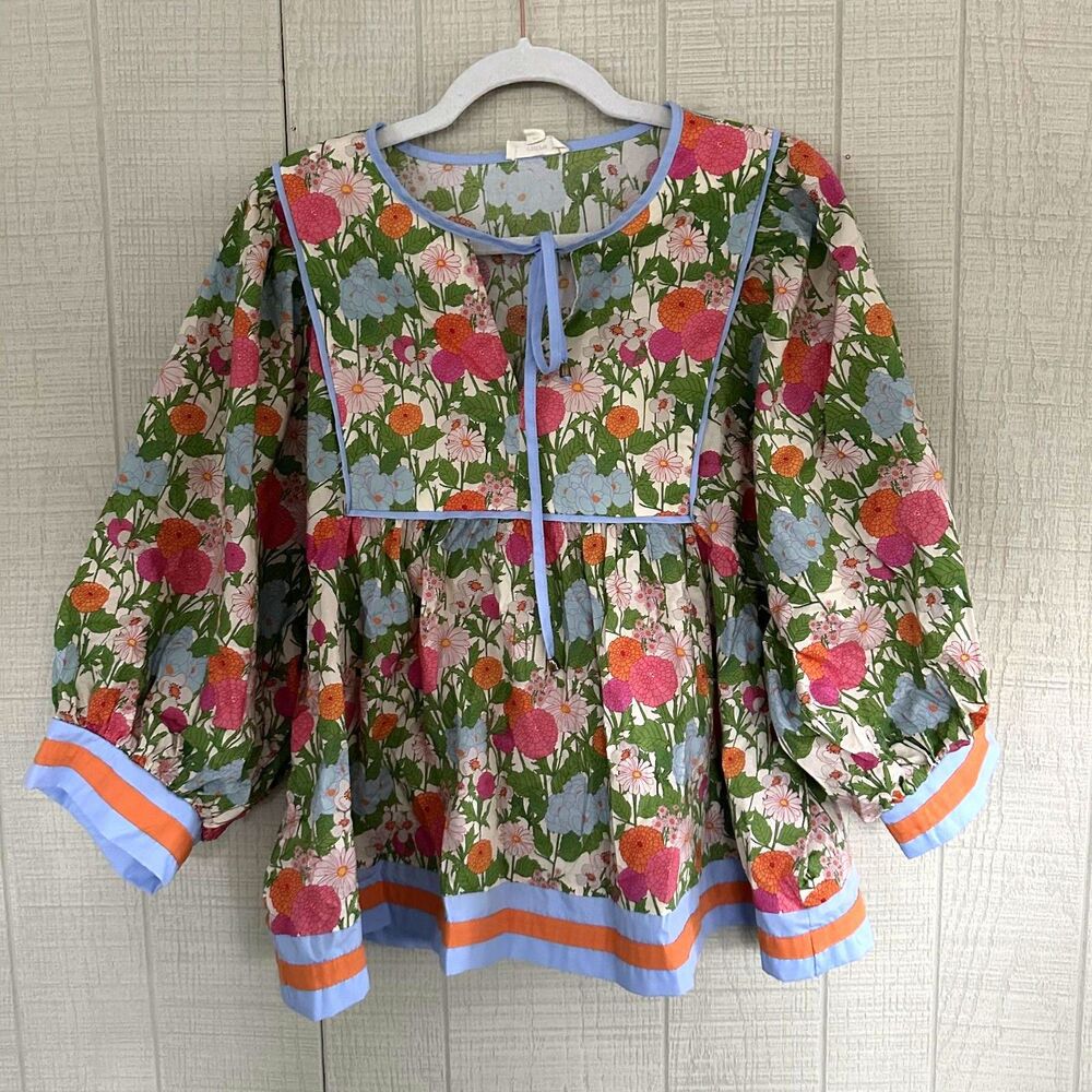 Entro Flower Power Blouse Puff Sleeve Floral Blue Orange Size Large
